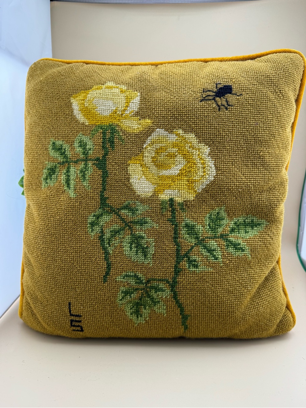 Vintage Needlepoint Pillow Yellow Roses Bee Mustard Gold Floral 12x12 Cottagecor